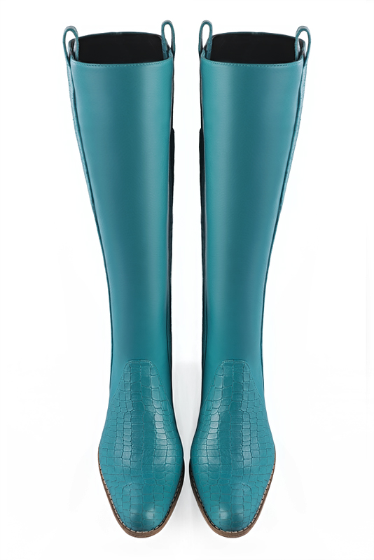 Turquoise blue women's riding knee-high boots. Round toe. Low leather soles. Made to measure. Top view - Florence KOOIJMAN